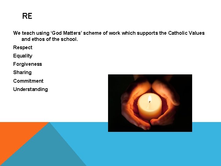 RE We teach using ‘God Matters’ scheme of work which supports the Catholic Values RE We teach using ‘God Matters’ scheme of work which supports the Catholic Values