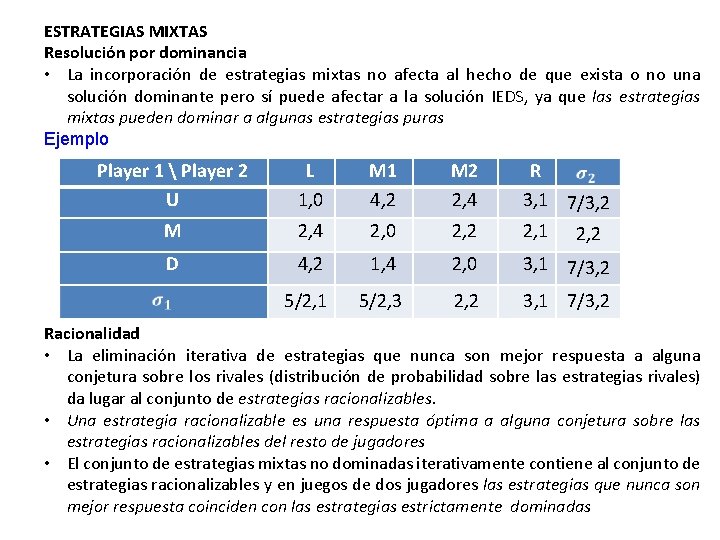 ESTRATEGIAS MIXTAS Resolución por dominancia • La incorporación de estrategias mixtas no afecta al
