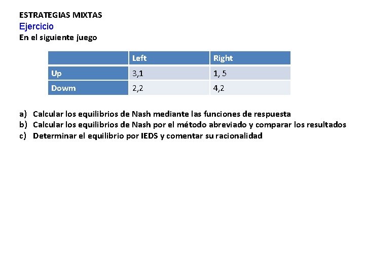 ESTRATEGIAS MIXTAS Ejercicio En el siguiente juego Left Right Up 3, 1 1, 5