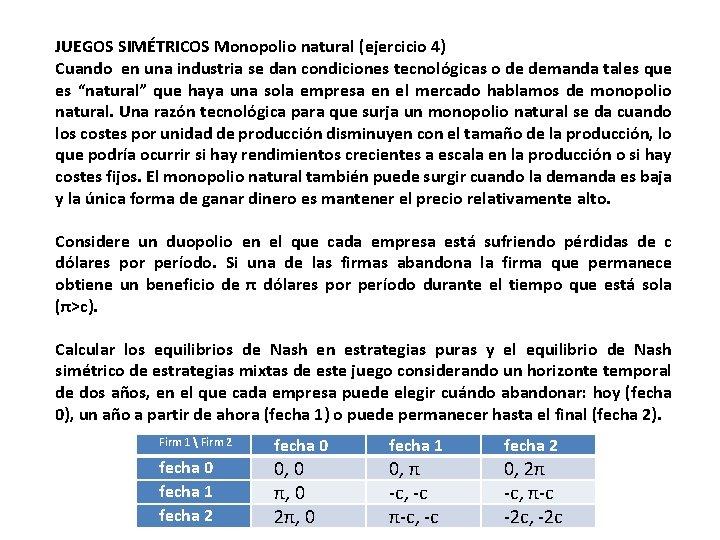 JUEGOS SIMÉTRICOS Monopolio natural (ejercicio 4) Cuando en una industria se dan condiciones tecnológicas
