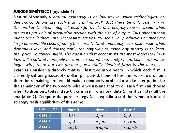 JUEGOS SIMÉTRICOS (ejercicio 4) Natural Monopoly A natural monopoly is an industry in which