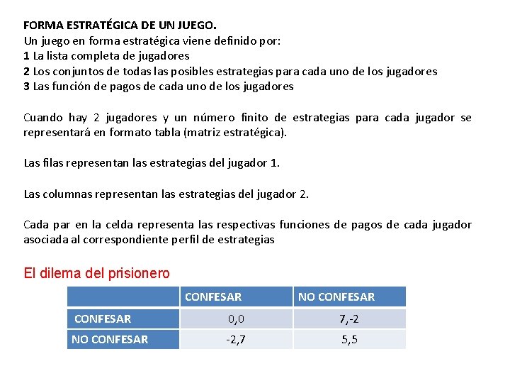 FORMA ESTRATÉGICA DE UN JUEGO. Un juego en forma estratégica viene definido por: 1