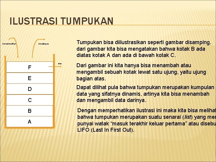 ILUSTRASI TUMPUKAN menambahkan Tumpukan bisa diilustrasikan seperti gambar disamping. dari gambar kita bisa mengatakan