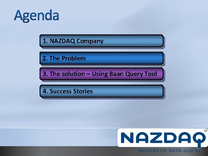 1. NAZDAQ Company 2. The Problem 3. The solution – Using Baan Query Tool