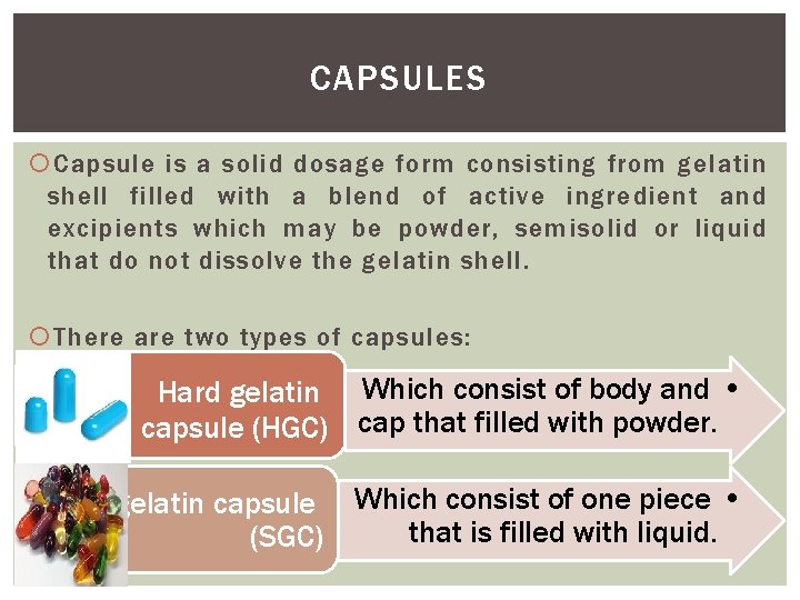 CAPSULES Capsule is a solid dosage form consisting from gelatin shell filled with a