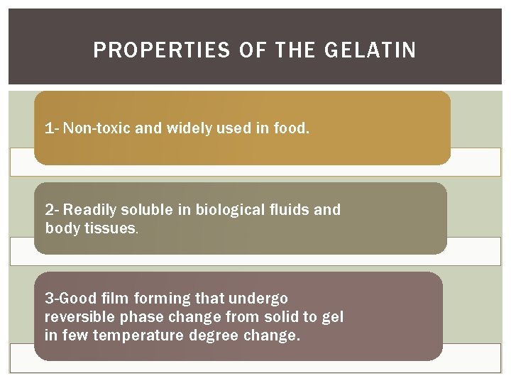 PROPERTIES OF THE GELATIN 1 - Non-toxic and widely used in food. 2 -