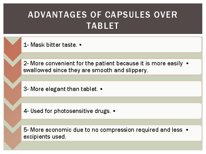 ADVANTAGES OF CAPSULES OVER TABLET 1 - Mask bitter taste. • 2 - More