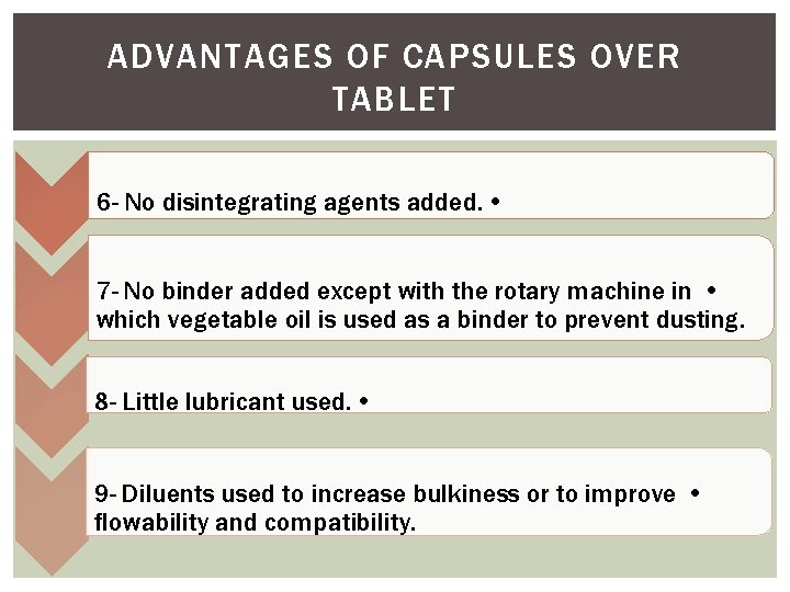 ADVANTAGES OF CAPSULES OVER TABLET 6 - No disintegrating agents added. • 7 -