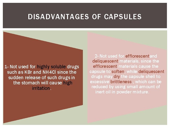 DISADVANTAGES OF CAPSULES 1 - Not used for highly soluble drugs such as KBr