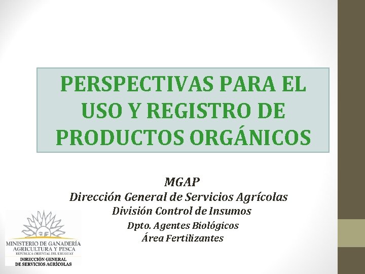 PERSPECTIVAS PARA EL USO Y REGISTRO DE PRODUCTOS ORGÁNICOS MGAP Dirección General de Servicios PERSPECTIVAS PARA EL USO Y REGISTRO DE PRODUCTOS ORGÁNICOS MGAP Dirección General de Servicios