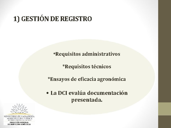 1) GESTIÓN DE REGISTRO *Requisitos administrativos *Requisitos técnicos *Ensayos de eficacia agronómica • La 1) GESTIÓN DE REGISTRO *Requisitos administrativos *Requisitos técnicos *Ensayos de eficacia agronómica • La