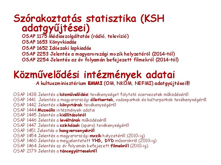 Szórakoztatás statisztika (KSH adatgyűjtései) OSAP 1175 Médiaszolgáltatás (rádió, televízió) OSAP 1653 Könyvkiadás OSAP 1652