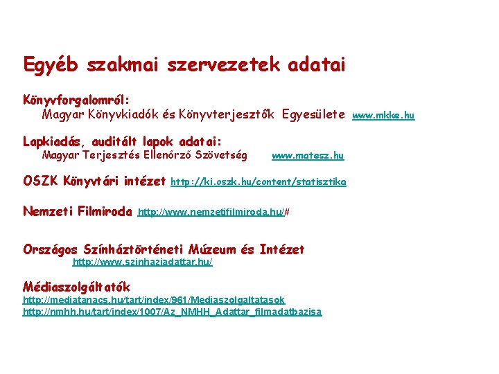 Egyéb szakmai szervezetek adatai Könyvforgalomról: Magyar Könyvkiadók és Könyvterjesztők Egyesülete Lapkiadás, auditált lapok adatai:
