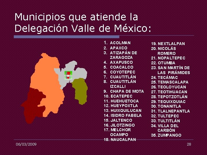 Municipios que atiende la Delegación Valle de México: 1. ACOLMAN 2. APAXCO 3. ATIZAPÁN