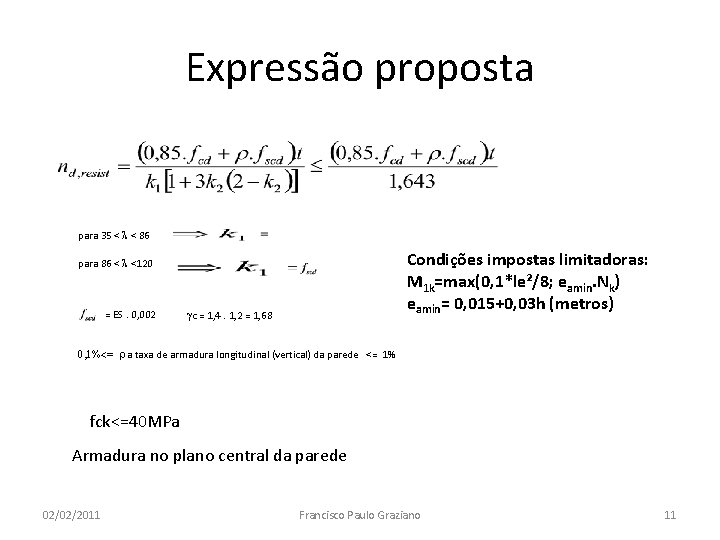 Expressão proposta para 35 < l < 86 Condições impostas limitadoras: M 1 k=max(0,