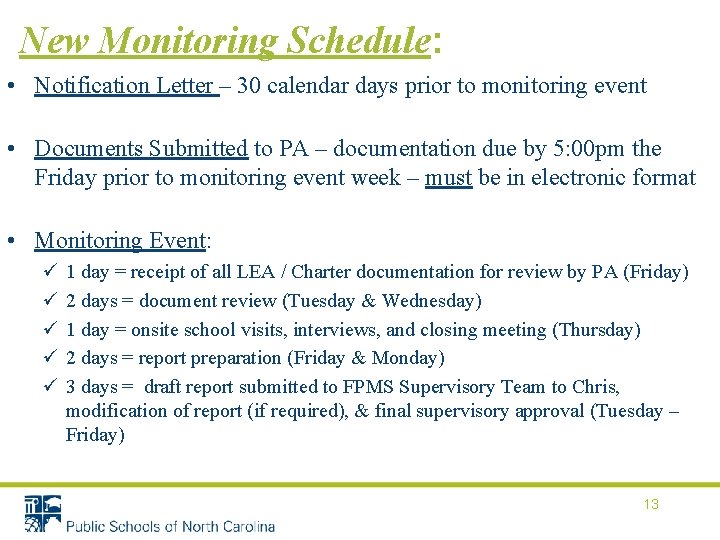 New Monitoring Schedule: • Notification Letter – 30 calendar days prior to monitoring event New Monitoring Schedule: • Notification Letter – 30 calendar days prior to monitoring event