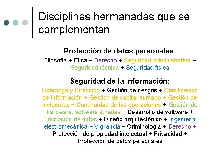 Disciplinas hermanadas que se complementan Protección de datos personales: Filosofía + Ética + Derecho