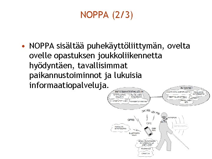 NOPPA (2/3) • NOPPA sisältää puhekäyttöliittymän, ovelta ovelle opastuksen joukkoliikennetta hyödyntäen, tavallisimmat paikannustoiminnot ja