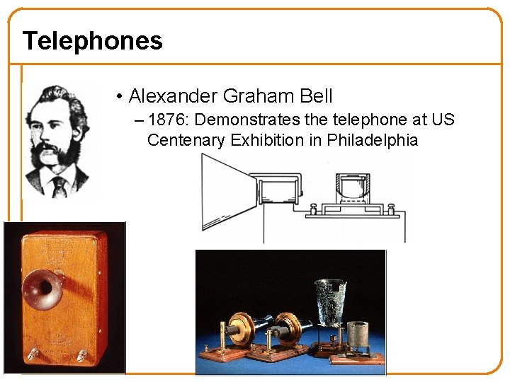 Telephones • Alexander Graham Bell – 1876: Demonstrates the telephone at US Centenary Exhibition