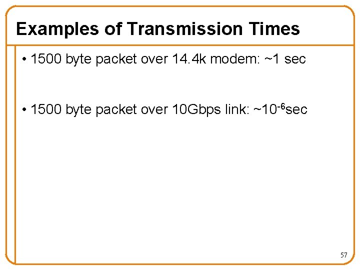 Examples of Transmission Times • 1500 byte packet over 14. 4 k modem: ~1