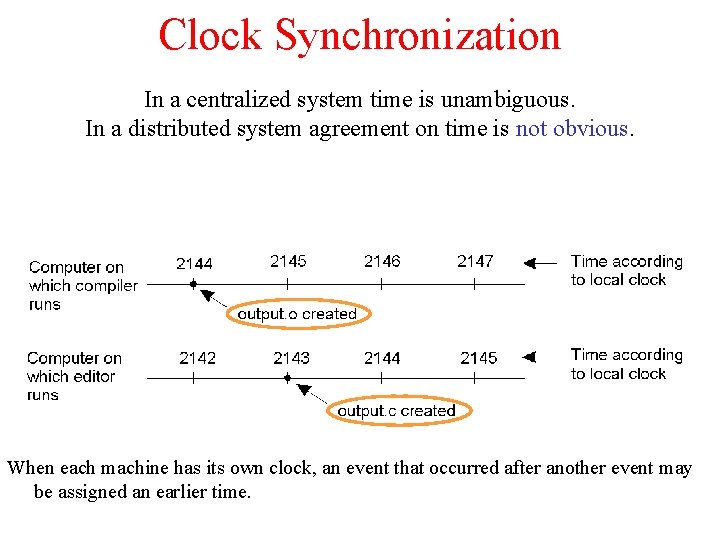 Clock Synchronization In a centralized system time is unambiguous. In a distributed system agreement