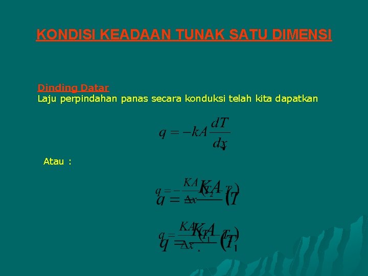 KONDISI KEADAAN TUNAK SATU DIMENSI Dinding Datar Laju perpindahan panas secara konduksi telah kita