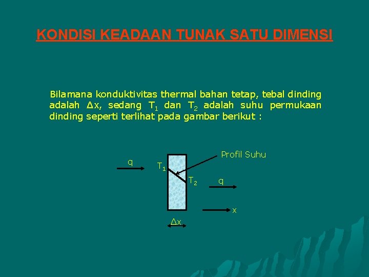 KONDISI KEADAAN TUNAK SATU DIMENSI Bilamana konduktivitas thermal bahan tetap, tebal dinding adalah ∆x,