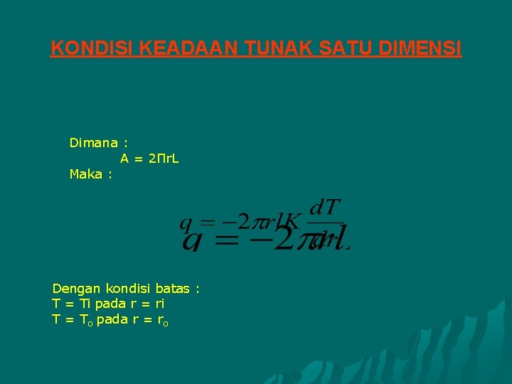 KONDISI KEADAAN TUNAK SATU DIMENSI Dimana : A = 2 Пr. L Maka :