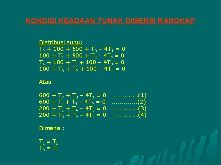 KONDISI KEADAAN TUNAK DIMENSI RANGKAP Distribusi suhu: T 2 + 100 + 500 +