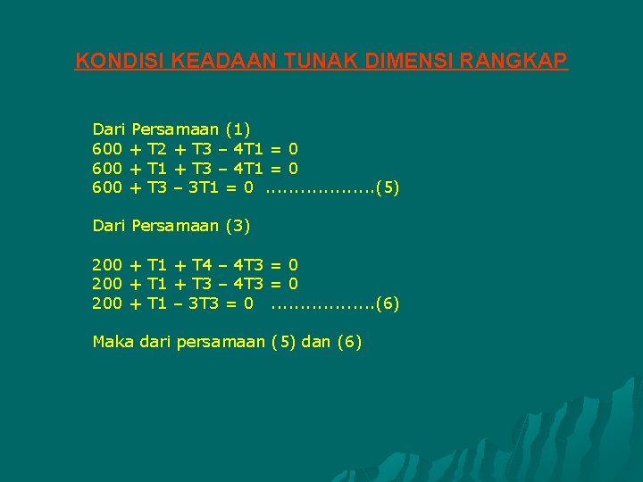 KONDISI KEADAAN TUNAK DIMENSI RANGKAP Dari Persamaan (1) 600 + T 2 + T