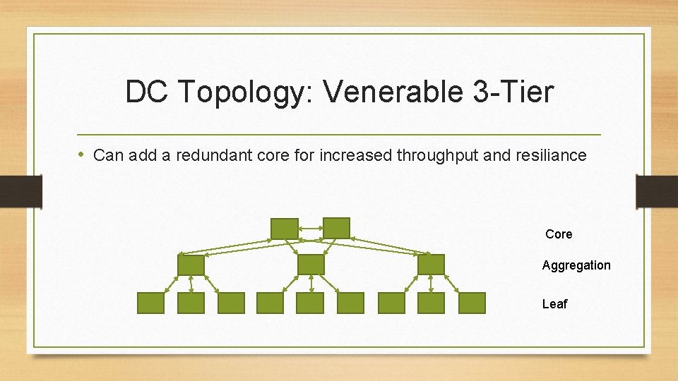 DC Topology: Venerable 3 -Tier • Can add a redundant core for increased throughput