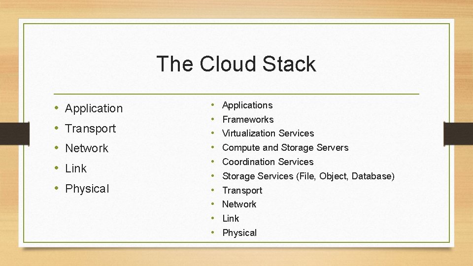 The Cloud Stack • • • Application Transport Network Link Physical • • •