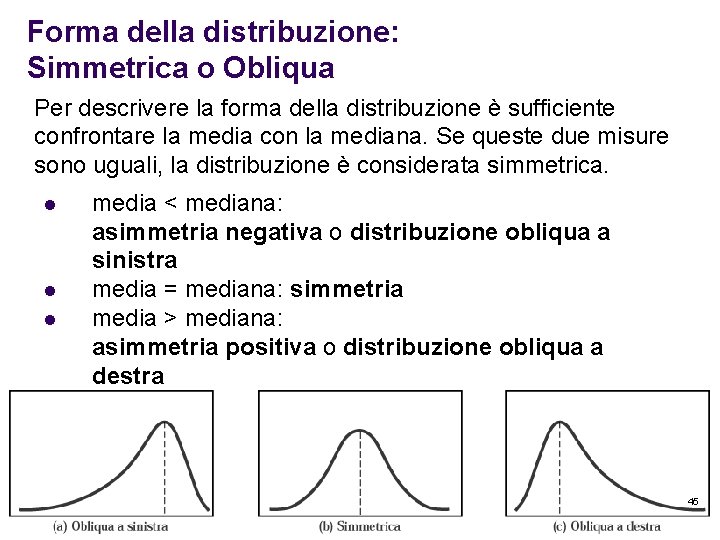 Forma della distribuzione: Simmetrica o Obliqua Per descrivere la forma della distribuzione è sufficiente