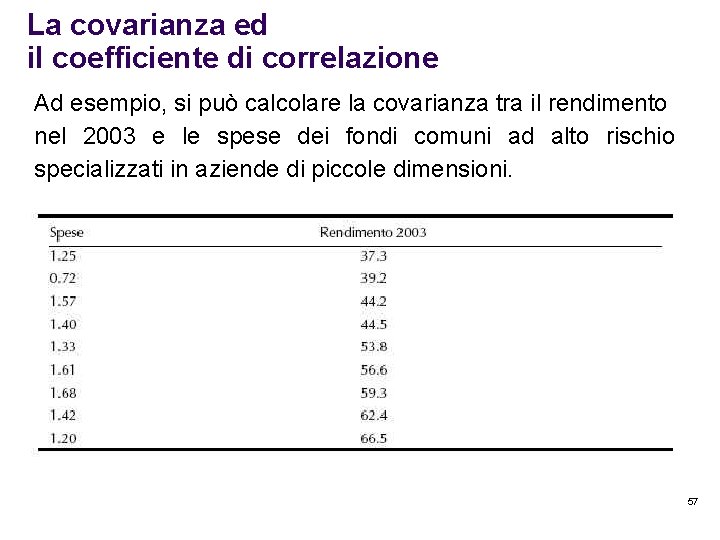 La covarianza ed il coefficiente di correlazione Ad esempio, si può calcolare la covarianza