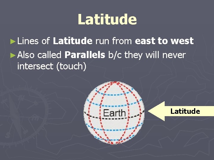 Latitude ► Lines of Latitude run from east to west ► Also called Parallels