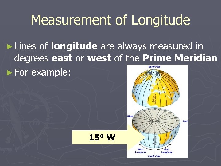 Measurement of Longitude ► Lines of longitude are always measured in degrees east or