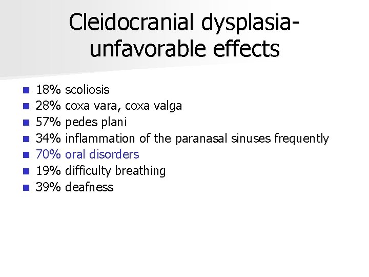 Cleidocranial dysplasiaunfavorable effects n n n n 18% scoliosis 28% coxa vara, coxa valga
