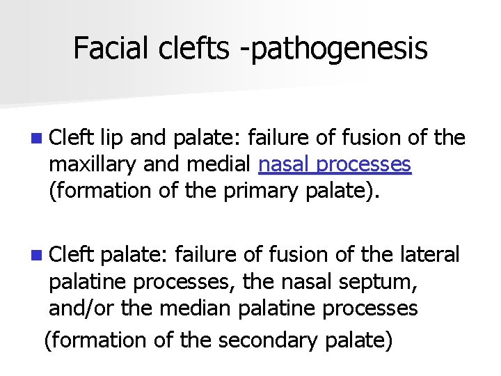 Facial clefts -pathogenesis n Cleft lip and palate: failure of fusion of the maxillary