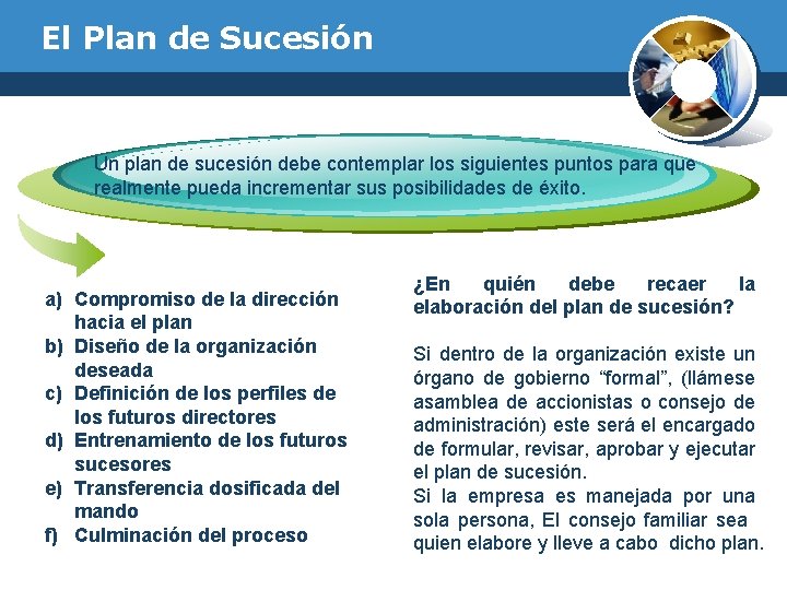 El Plan de Sucesión Un plan de sucesión debe contemplar los siguientes puntos para