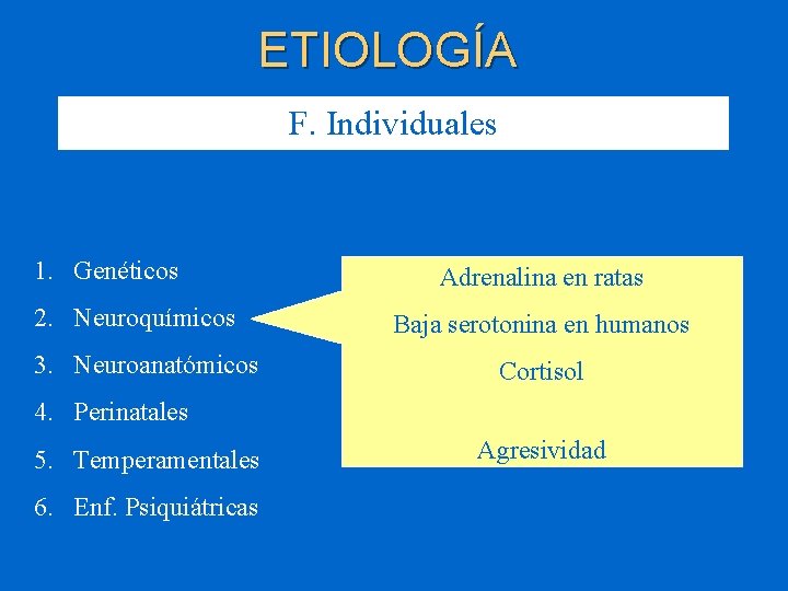 ETIOLOGÍA F. Individuales 1. Genéticos 2. Neuroquímicos 3. Neuroanatómicos Adrenalina en ratas Baja serotonina