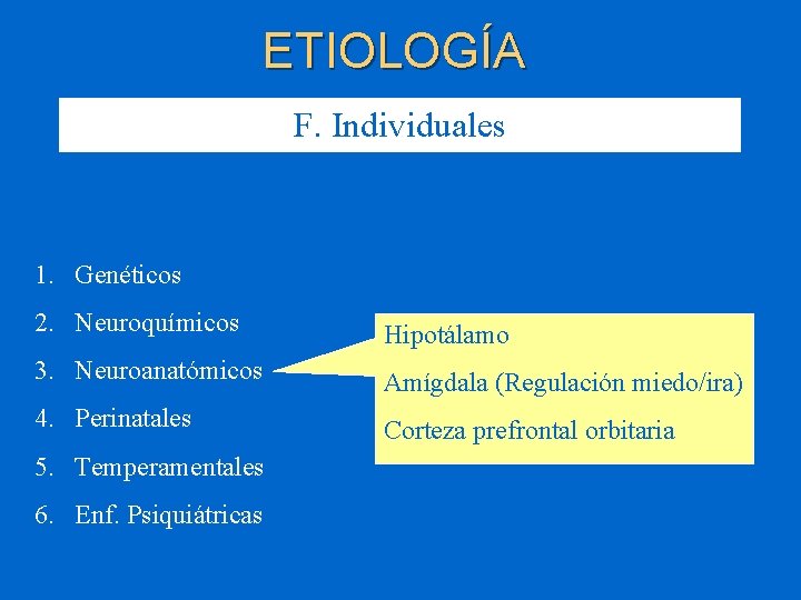 ETIOLOGÍA F. Individuales 1. Genéticos 2. Neuroquímicos Hipotálamo 3. Neuroanatómicos Amígdala (Regulación miedo/ira) 4.