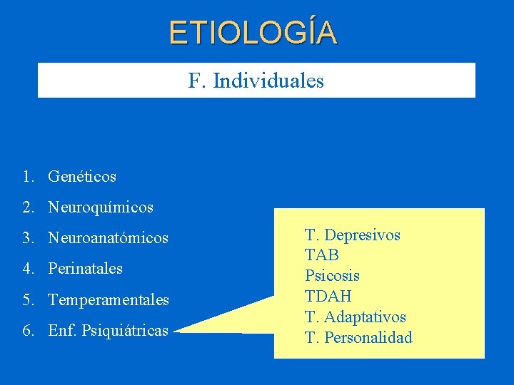 ETIOLOGÍA F. Individuales 1. Genéticos 2. Neuroquímicos 3. Neuroanatómicos 4. Perinatales 5. Temperamentales 6.