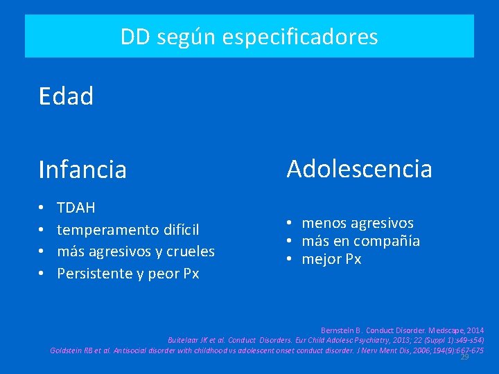 DD según especificadores Edad Infancia • • TDAH temperamento difícil más agresivos y crueles