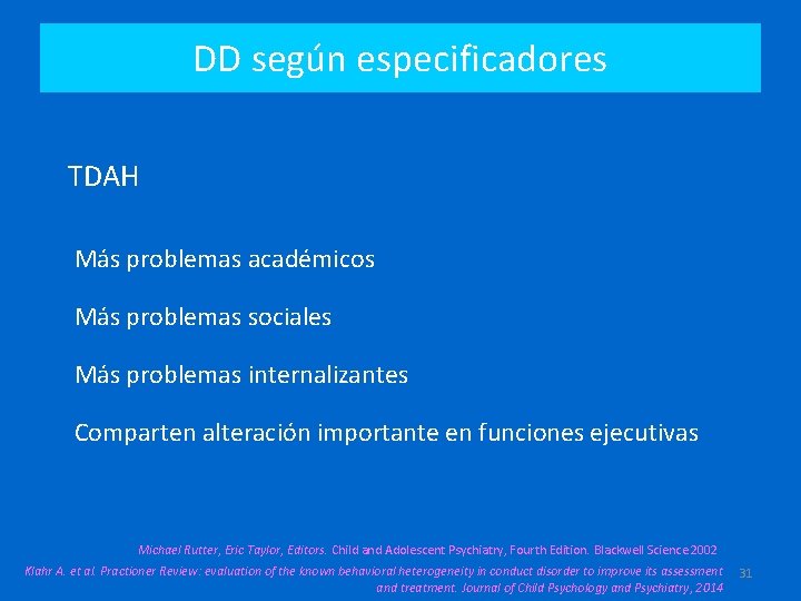 DD según especificadores TDAH Más problemas académicos Más problemas sociales Más problemas internalizantes Comparten