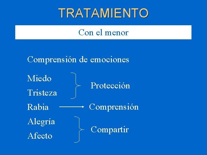 TRATAMIENTO Con el menor Comprensión de emociones Miedo Tristeza Rabia Alegría Afecto Protección Comprensión