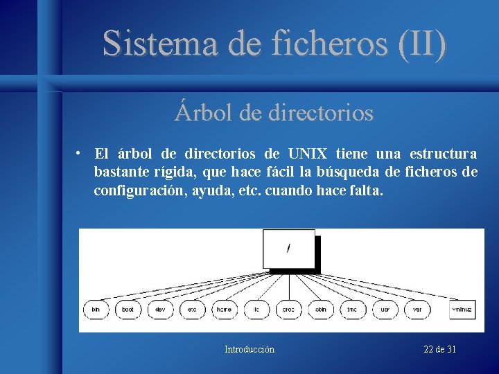 Sistema de ficheros (II) Árbol de directorios • El árbol de directorios de UNIX Sistema de ficheros (II) Árbol de directorios • El árbol de directorios de UNIX