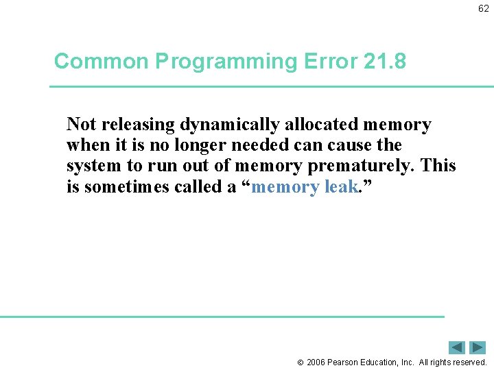 62 Common Programming Error 21. 8 Not releasing dynamically allocated memory when it is