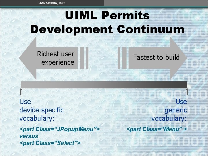 UIML Permits Development Continuum Richest user experience Use device-specific vocabulary: <part Class=“JPopup. Menu”> versus