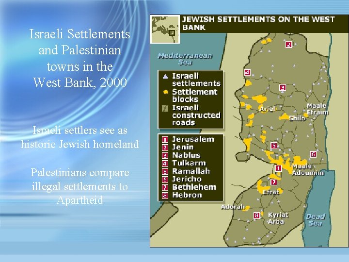 Israeli Settlements and Palestinian towns in the West Bank, 2000 Israeli settlers see as