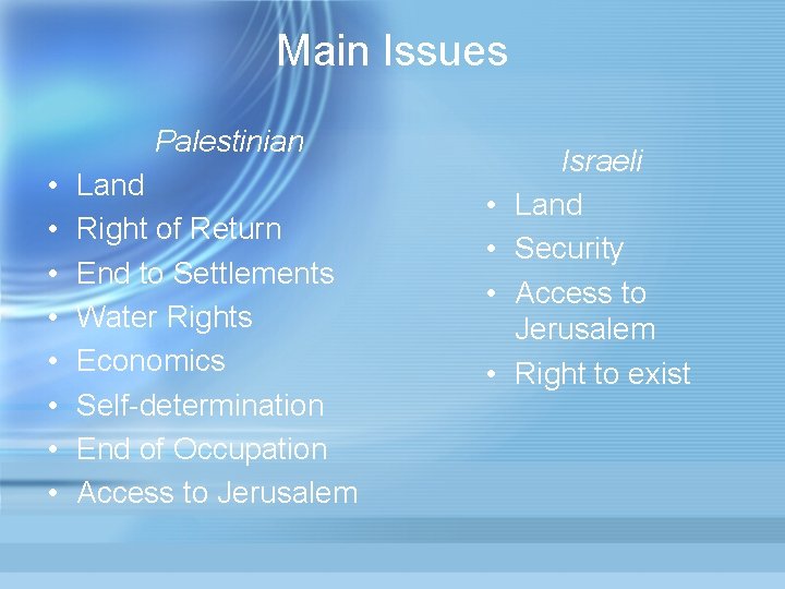 Main Issues Palestinian • • Land Right of Return End to Settlements Water Rights